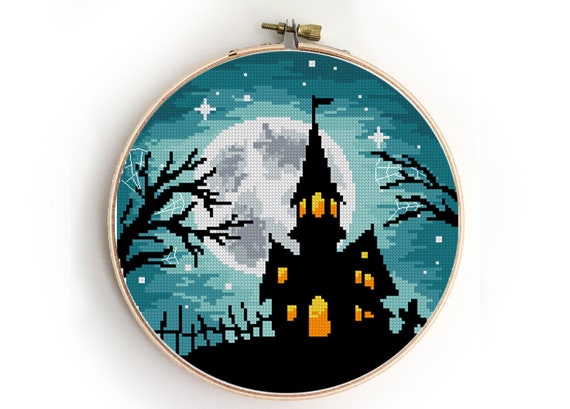 Halloween witches counted cross stitch pattern landscape xstitch moon ...