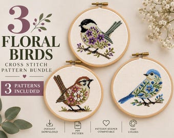 May include: Three circular wooden embroidery hoops containing cross stitch patterns of birds decorated with flowers. The text reads 3 FLORAL BIRDS CROSS STITCH PATTERN BUNDLE, 3 PATTERNS INCLUDED, INSTANT DOWNLOAD, PDF PATTERN, PATTERN KEEPER COMPATIBLE, DMC COLORS.