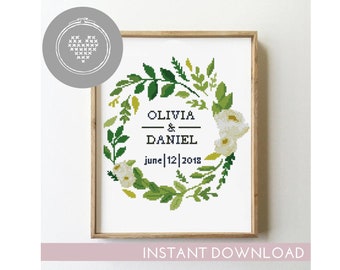 Wedding Record Cross Stitch Pattern | Green Floral Wreath with Peonies | Engagement or Bridal Shower Gift | Love Sampler | Digital PDF