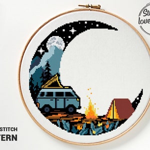 Camping Van Kreuzstich-Muster: Mondlandschaft Stickerei (PDF)