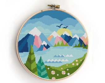 National park counted cross stitch pattern nature mountains Rocky Mountains easy geometric easy- Cross Stitch Pattern (Digital Format - PDF)