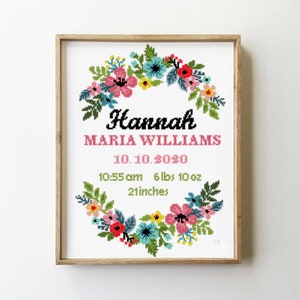 Patrón de punto de cruz para anuncio de nacimiento con corona floral / Muestrario de bebé personalizado / Decoración infantil personalizada / Gráfico de bordado moderno en PDF
