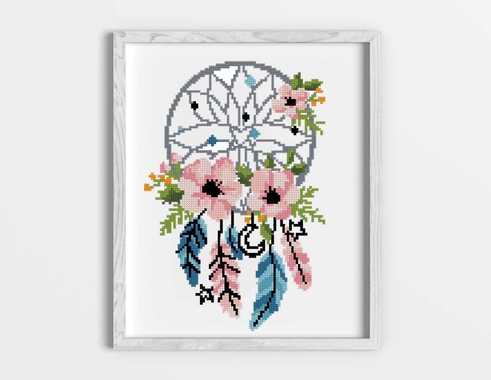 floral-dream-catcher-counted-cross-stitch-pattern-flowers-nursery-decor-easy-chart-feathers-cross-stitch-pattern-digital-format-pdf-etsy
