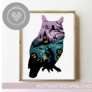 Halloween owl counted cross stitch pattern animal easy chart gift silhouette xstitch witches - Cross Stitch Pattern (Digital Format - PDF)