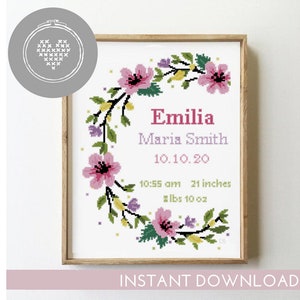 Padrão de ponto cruz para anúncio de nascimento de guirlanda floral | Ponto cruz personalizado para quarto de bebê | Gráfico DIY fácil e personalizado | PDF de bordado moderno