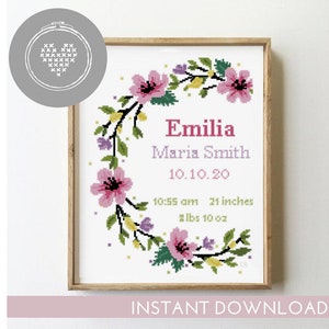 Floral wreath birth announcement counted cross stitch pattern baby nursery personalized custom - Cross Stitch Pattern (Digital Format - PDF)