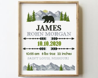 Mountain Birth Announcement Cross Stitch Pattern PDF | Baby Nursery Adventure Sampler | Girl or Boy DIY Chart