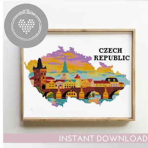 Patrón de punto de cruz de la República Checa (PDF) / Paisaje con silueta de Praga (Xstitch) / Gráfico de viaje por la naturaleza / Bordado DIY contado