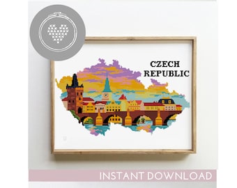 Prague Silhouette Cross Stitch Pattern: Czech Republic Travel Embroidery (PDF)