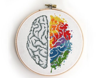 Rainbow Brain Cross Stitch Pattern: Colorful Anatomy Embroidery (PDF)