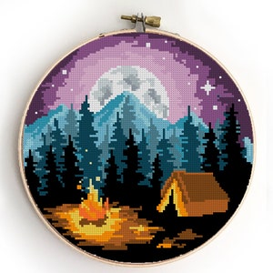 Camping Kreuzstichmuster | Mondlicht Berge Wald Szene | Natur Landschaft DIY Chart | Einfaches Modernes PDF