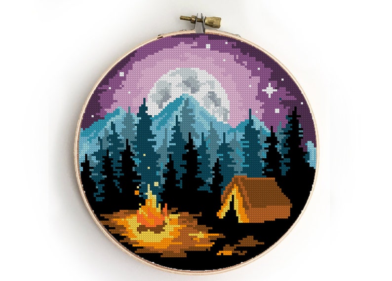 Camping Counted Cross Stitch Pattern Moon Lights Mountains Etsy