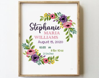 May include: A framed cross-stitch design with a floral wreath, the name "Stephanie Maria Williams", the date "August 15, 2020", and the time "10:55 am", along with the baby's weight and length: "8 lbs 10 oz, 21 inches".