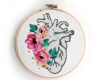 Floral heart counted cross stitch pattern body peony people anatomy realistic flower -Cross Stitch Pattern (Digital Format - PDF)