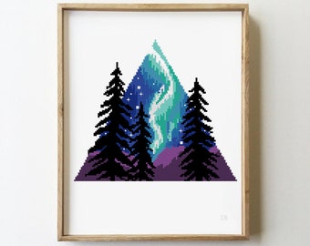 Northern Lights Cross Stitch Pattern: Galaxy Forest Landscape (PDF)