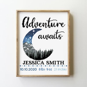 Adventure awaits birth announcement counted cross stitch pattern nursery baby kids half moon - Cross Stitch Pattern (Digital Format - PDF)