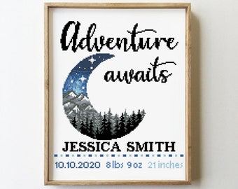 Adventure Awaits Birth Announcement Cross Stitch Pattern PDF | Half Moon Baby Sampler | Nursery DIY Xstitch Chart