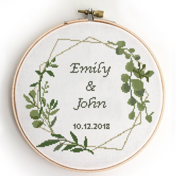 Geometric wedding record counted cross stitch pattern floral wreath bridal shower engagement - Cross Stitch Pattern (Digital Format - PDF)