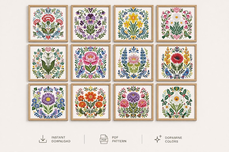 May include: A collection of twelve framed floral cross-stitch patterns. Each square print features a unique arrangement of colorful flowers, birds, and foliage in a folk art style. The frames are a light wood color. The text "INSTANT DOWNLOAD", "PDF PATTERN", and "DOPAMINE COLORS" are visible.