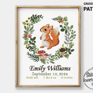Patrón de punto de cruz para anuncio de nacimiento de ardilla / Muestrario de corona floral para bebé / Bordado de animales del bosque para guardería / Gráfico PDF personalizado