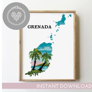 May include: A framed cross-stitch pattern featuring the map of Grenada. The island shape is filled with a pixelated tropical scene of palm trees, blue water, and a pink sky. The word GRENADA is printed in black text above the island map.