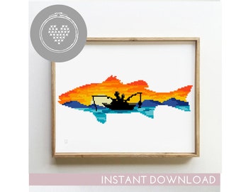 Salmon counted cross stitch pattern sea ocean animal fish silhouette landscape silhouette easy - Cross Stitch Pattern (Digital Format - PDF)