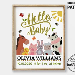 Patrón de punto de cruz para anuncio de nacimiento de Hello Baby Farm (PDF) / Muestra de vaca, cerdo, conejito y pato / Guardería de animales adorables / Gráfico de punto de cruz DIY contado