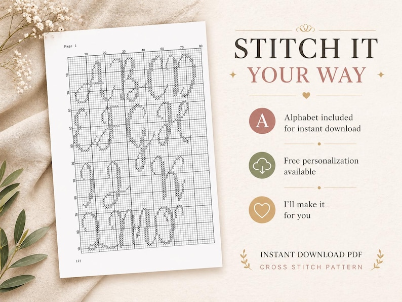 May include: A cross-stitch pattern sheet with the alphabet in a cursive font. The text "STITCH IT YOUR WAY" is at the top. Additional text includes "Alphabet included for instant download", "Free personalization available", and "I'll make it for you."