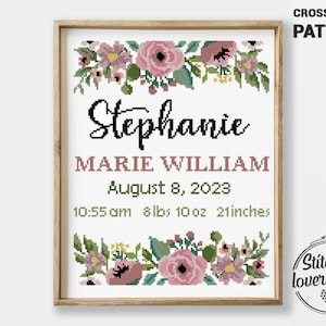 Patrón de punto de cruz para anuncio de nacimiento de ramo floral en PDF / Flores personalizadas para guardería de bebé Xstitch