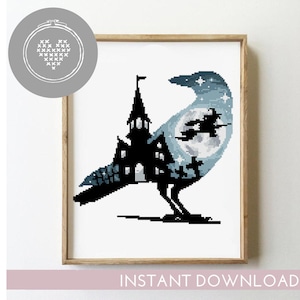 Halloween raven counted cross stitch pattern silhouette landscape bird easy chart design gift - Cross Stitch Pattern (Digital Format - PDF)