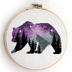 Bear Cross Stitch Pattern | Forest Landscape | Woodland Animal | Mountains Nature | Easy DIY Xstitch | PDF Chart