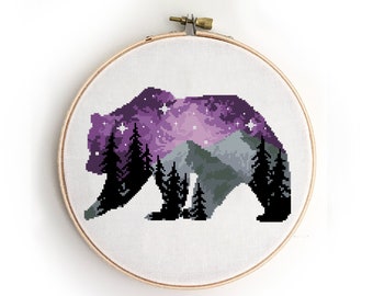 Bear Landscape Cross Stitch Pattern: Forest, Mountains (PDF Chart)