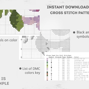 May include: Instant download PDF cross stitch pattern with a color chart and black and white symbols. Includes a DMC color key with color names and numbers. The example shows a cross stitch design with green, purple, and black symbols.