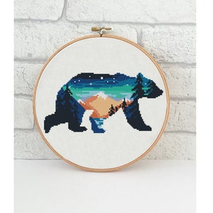Bear counted cross stitch pattern landscape woodland forest mountains nature wild tree animal - Cross Stitch Pattern (Digital Format - PDF)