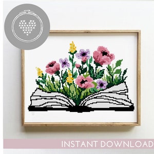 Patrón de punto de cruz para libro / Paisaje floral Xstitch / Gráfico de citas DIY / Bordado moderno PDF