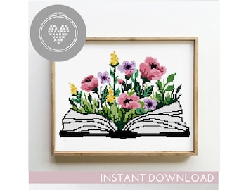 Book Cross Stitch Pattern | Floral Landscape Xstitch | DIY Quote Chart | Modern Embroidery PDF