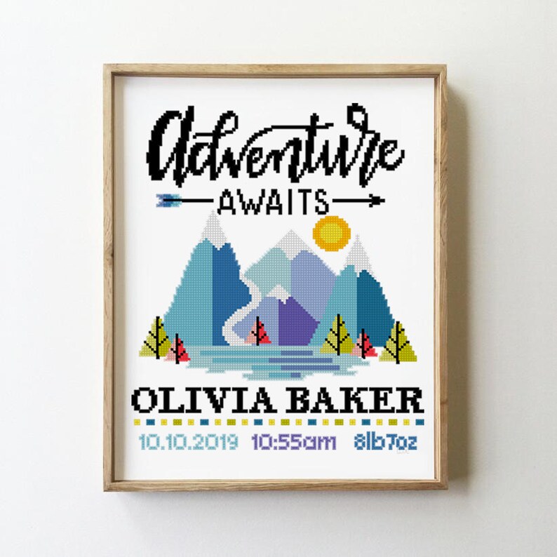 Mountains birth announcement counted cross stitch pattern ...