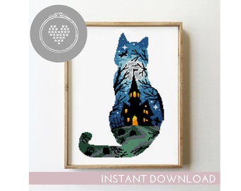 Padrão de ponto cruz de gato de Halloween: Paisagem assustadora iluminada pela lua (PDF digital)