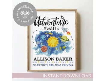 Adventure Awaits Birth Announcement Cross Stitch Pattern: Baby Sampler (PDF)