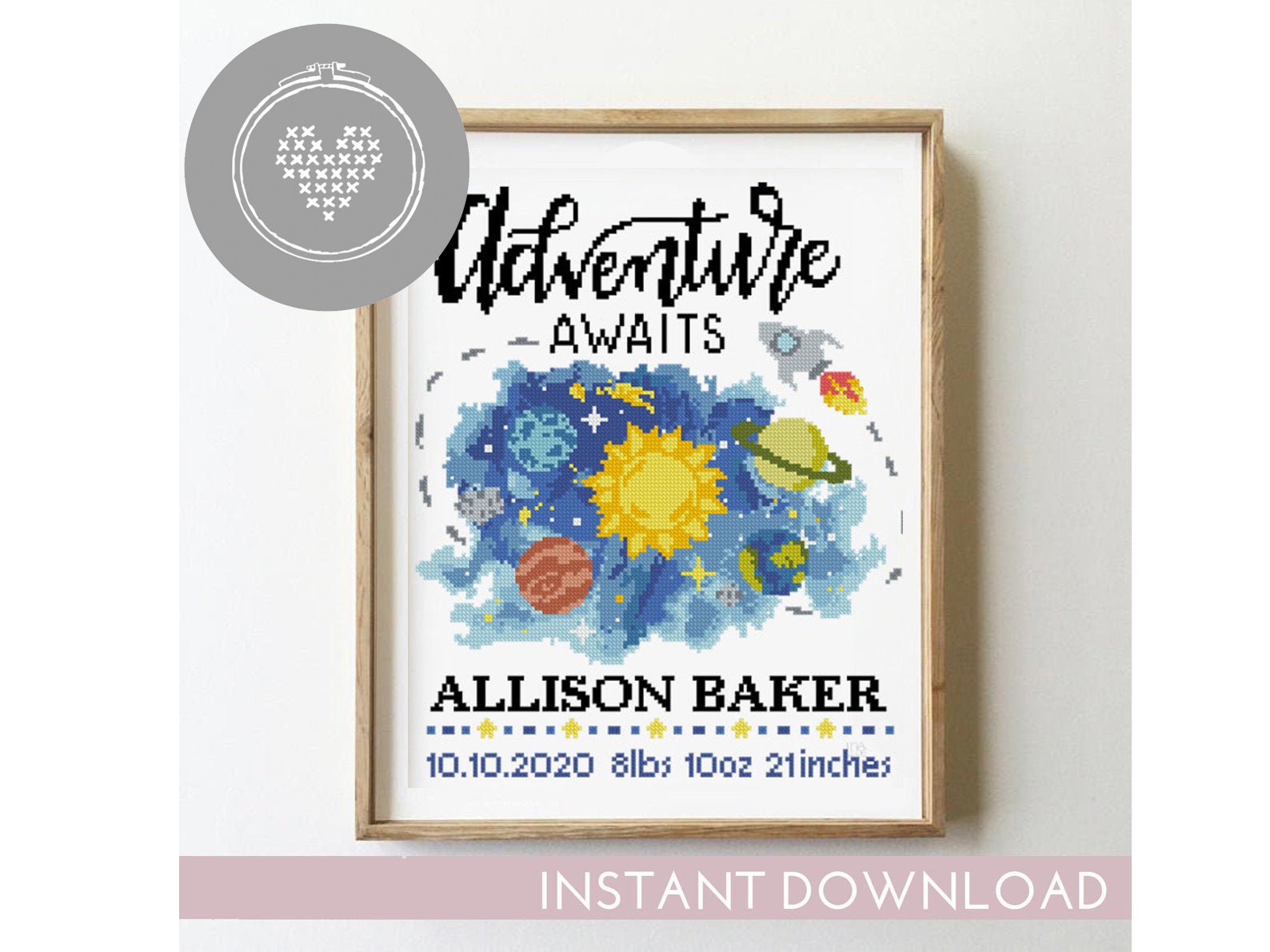 Adventure Awaits Birth Announcement Cross Stitch Pattern: Baby Sampler  (PDF) - Etsy Israel, image size:1588x1191