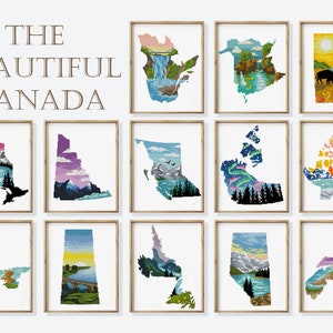 Conjunto de 13 patrones de punto de cruz canadienses en PDF / Silhouette Nature Designs / Provincias de Ontario y Quebec / Gráfico de punto de cruz contado DIY