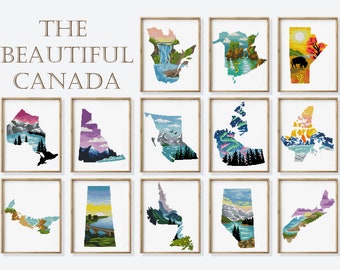 May include: A collection of 12 framed prints featuring different scenic landscapes of Canada. Each print depicts a unique province or territory, showcasing the beauty of the country's natural wonders.
