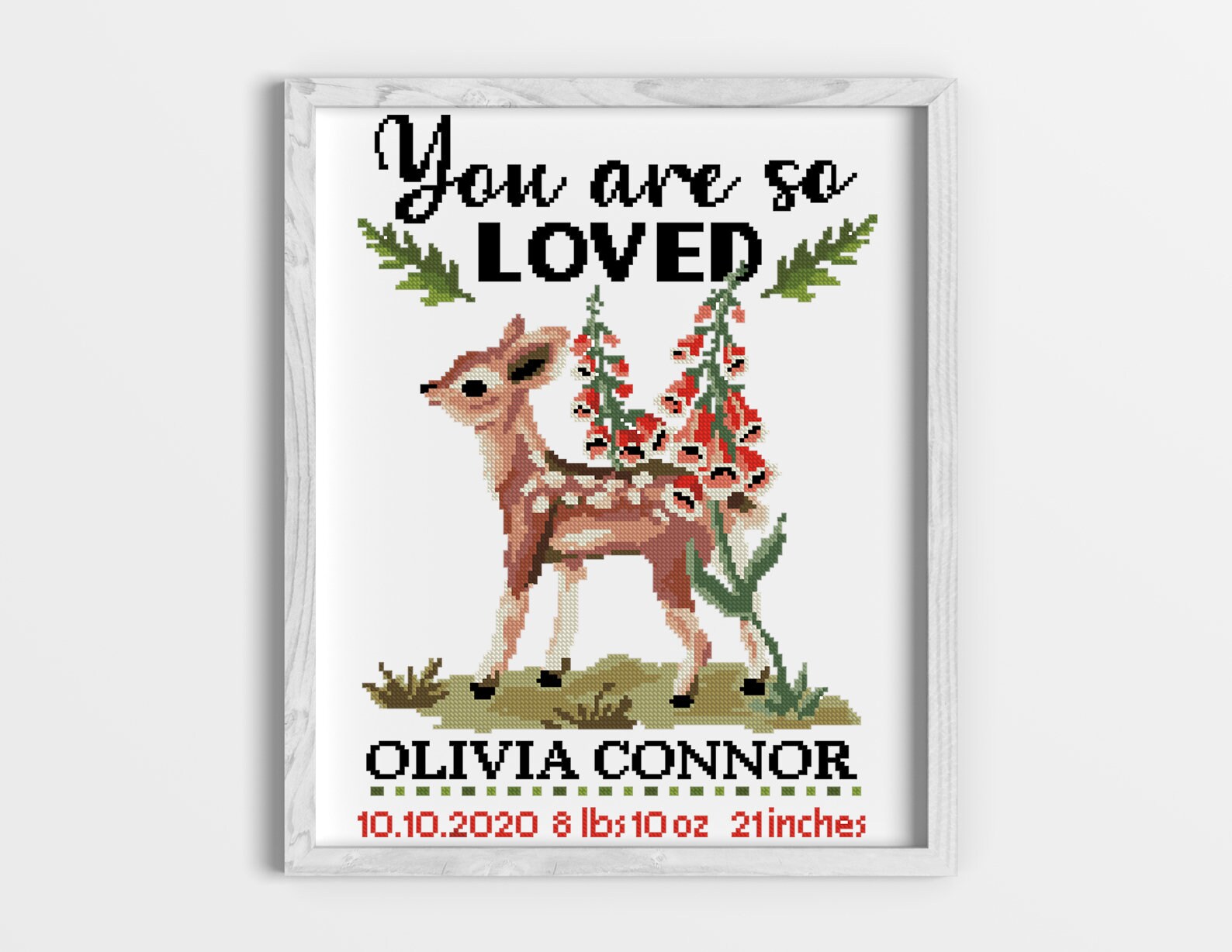 鹿の出産祝いクロスステッチパターンPDF | 花柄の赤ちゃんの名前サンプル | 簡単な保育園の動物デザイン | 数えられたDIYクロスステッチチャート  - Etsy 日本