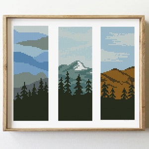 Bookmarks set counted cross stitch pattern landscape tree mountains starry sky forest wood - Cross Stitch Pattern (Digital Format - PDF)