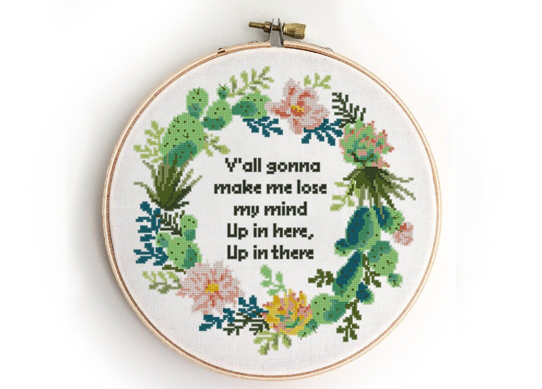 Party up Cross Stitch Pattern | Funny Quote With Cactus Wreath | Floral ...