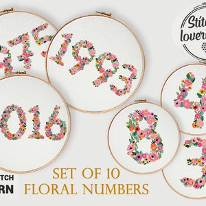 Conjunto de 10 padrões de ponto cruz com números florais, gráfico xstitch, decoração para casa, flores DIY, monograma - Padrão de ponto cruz (formato digital - PDF)