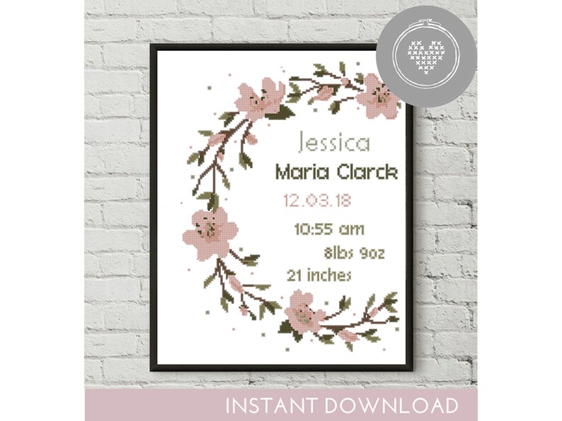 Cross Stitch Pattern Cherry blossom wreath cross stitch floral baby girl announcement nursery personalized custom Digital Format - PDF