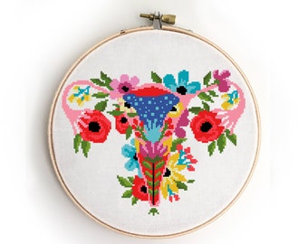 Reproductive System Cross Stitch Pattern PDF | Floral Feminist Quote with Peony & Leaves | DIY Xstitch