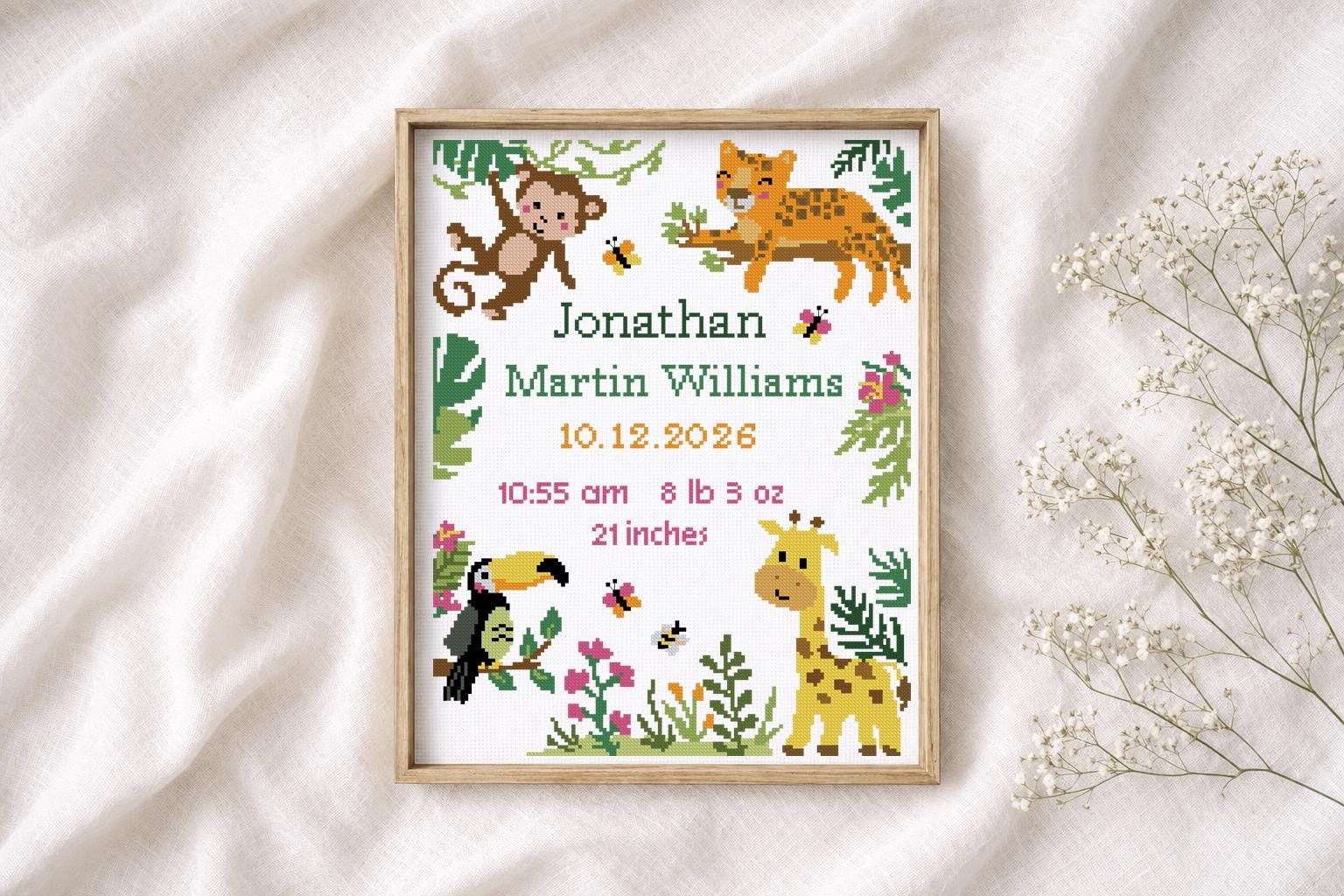 Jungle Animals Birth Announcement Cross Stitch Sampler (PDF 