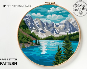 Banff National Park Cross Stitch Pattern, Mountain Landscape Cross Stitch PDF, Canada Nature Pattern, Lake and Mountains Embroidery